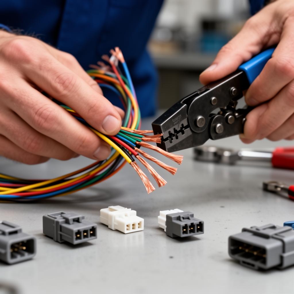 Hands using a precision crimping tool on stranded copper conductors with connectors laid out on workbench