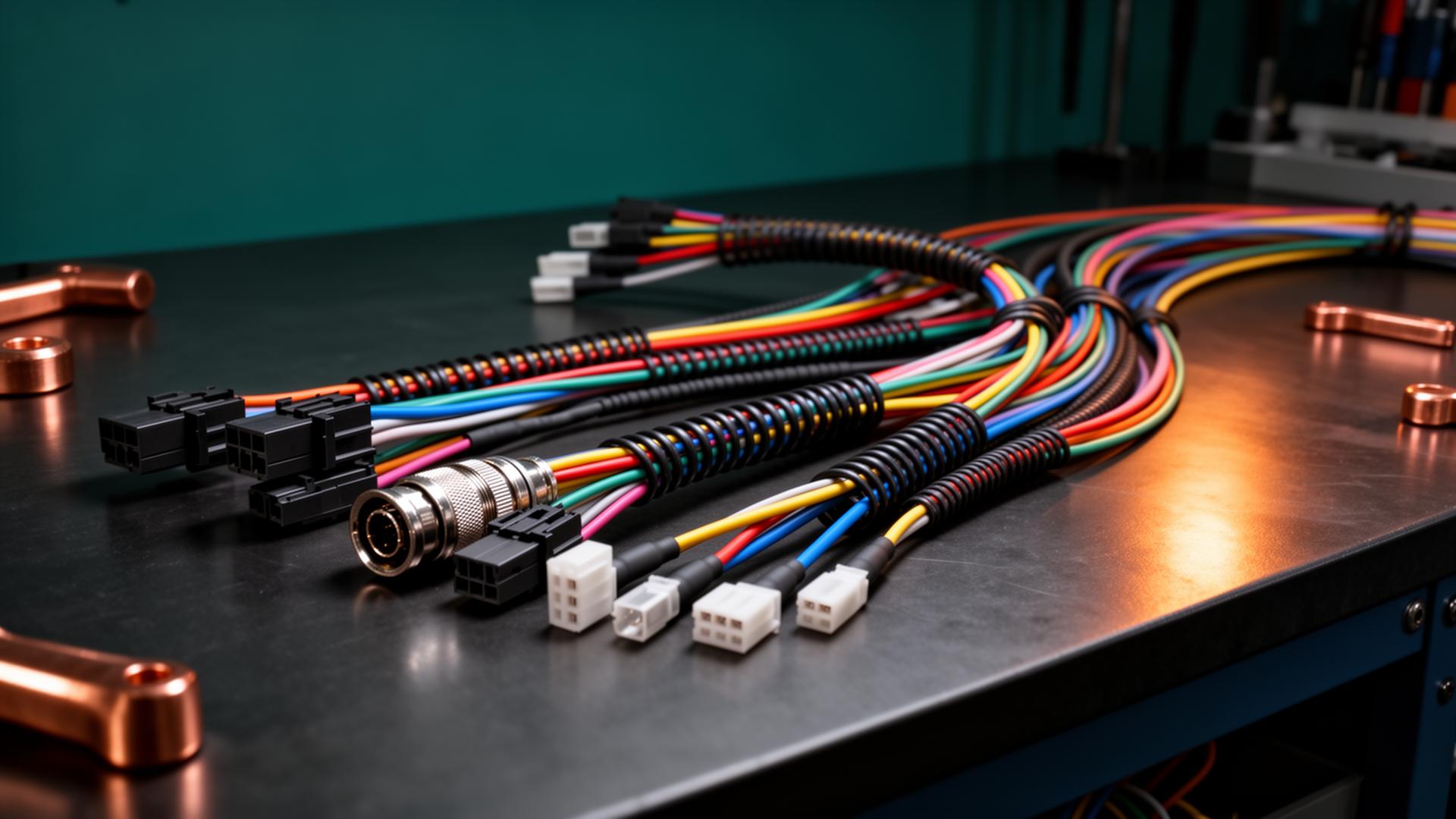 Custom wire harness assemblies with multi-conductor cables, M12 circular and Molex connectors arranged on a workshop bench