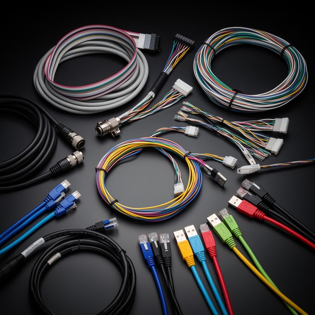 Variety of finished cable assemblies — ribbon, M12, Cat6 Ethernet, USB, custom multi-conductor harnesses
